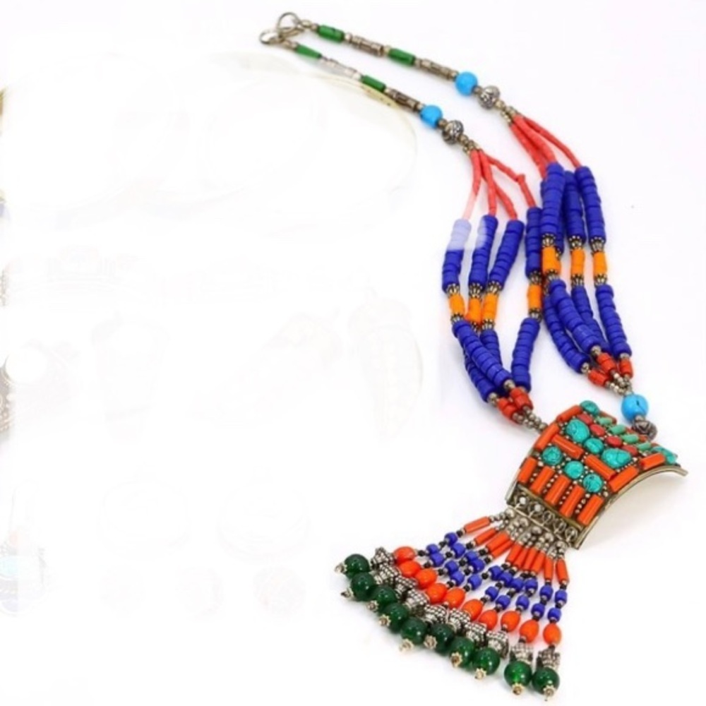 Tibetan‎ Style Ornate Beaded Necklace Lapis Turquoise Coral